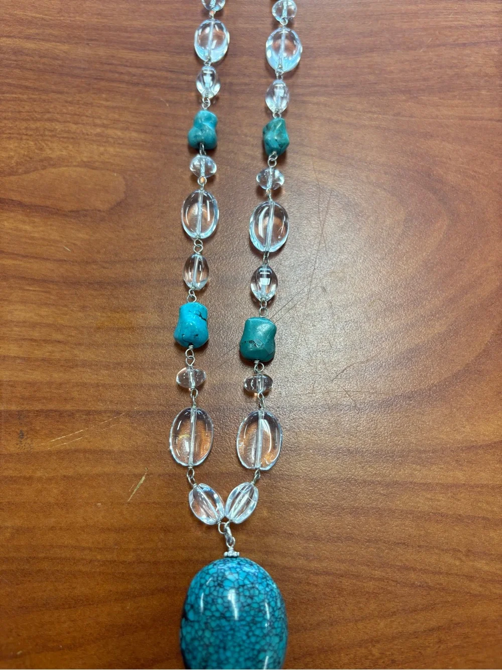 LUC CN 925 Sterling Turquoise Stone Pendant Necklace with Clear Bead Accents